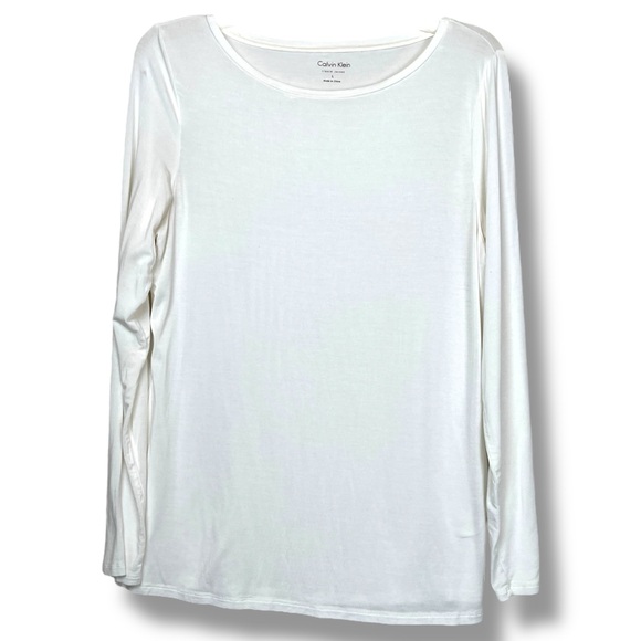 Calvin Klein Tops - Calvin Klein Liquid Jersey Plain White Ivory Boat Neck Long Sleeve Shirt Top Lg
